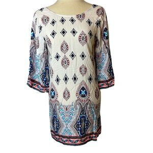 White Blue Abstract Floral Mini Flare Sleeve Dress Swimsuit Cover Up size M